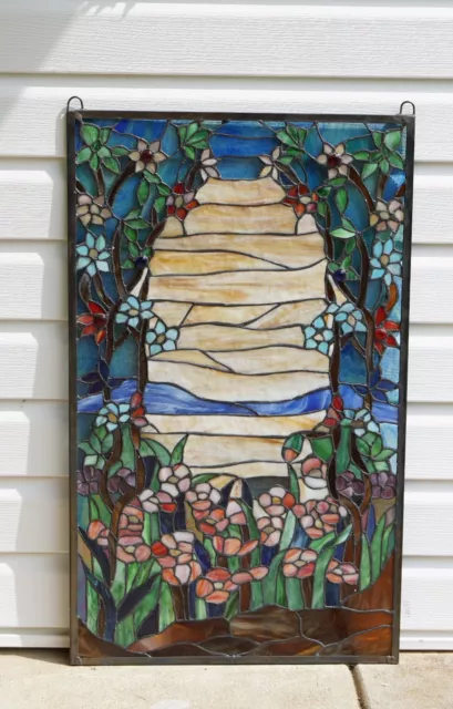 Handcrafted stained glass window panel Orange Dawn in Valley