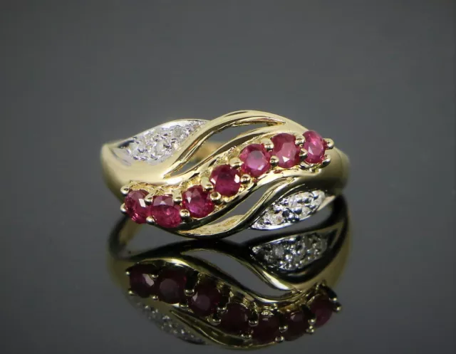 10K Solid Yellow Gold Red Ruby Round Diamond Anniversary Cocktail Ring Band 6