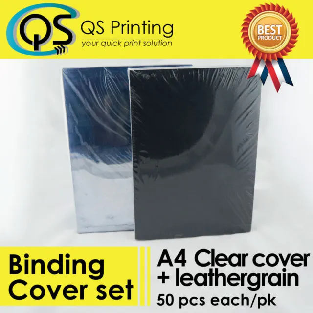 50 sets of 200 micron A4 PVC clear Cover + 230gsm A4 Black Leathergrain Cover