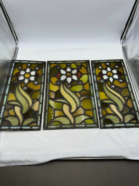 Set of 3 Antique leaded stained glass windows Flowers Early 1900's? 18"