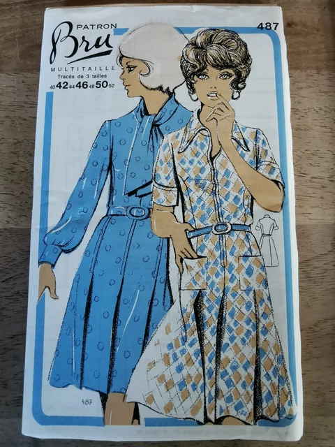 Patron De Couture Vintage BRU Années 60/70 – Robe Grand Col, Tailles 44 à 52, Non Découpé