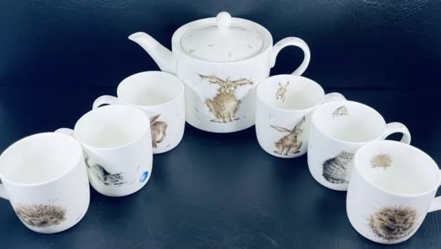 Royal Worcester Wrendale Designs Teapot & 6 Mugs Hannah Dale Cat Rabbit