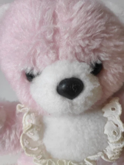 Peluche doudou ours rose blanc bavoir dentelle Nounours vintage + cadeau 2