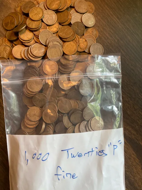 LINCOLN WHEAT CENT PENNY BAG LOT, MIXED TWENTIES P mints, 1,000 COINS, all FINE!