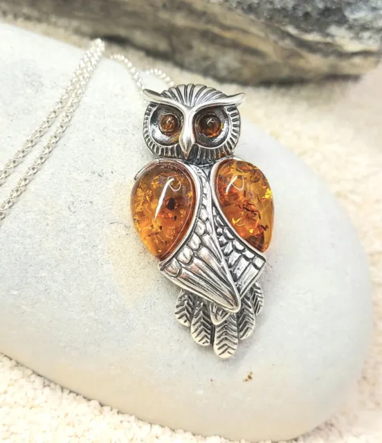 OWL BIRD AMBER Large Sterling Silver Pendant Necklace Gift Boxed