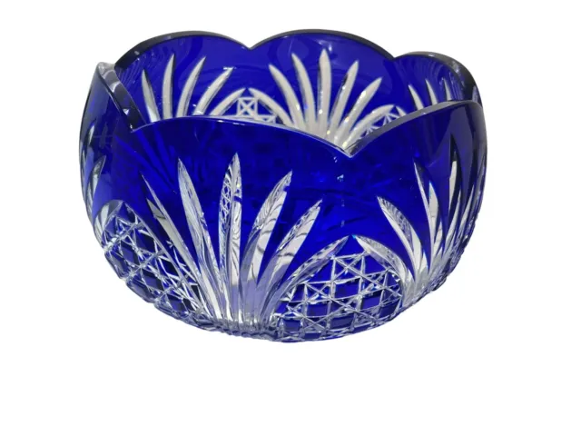 Bohemian Czech VTG Cut to Clear Centerpiece Glass Cobalt Blue Crystal Bowl 8.5”