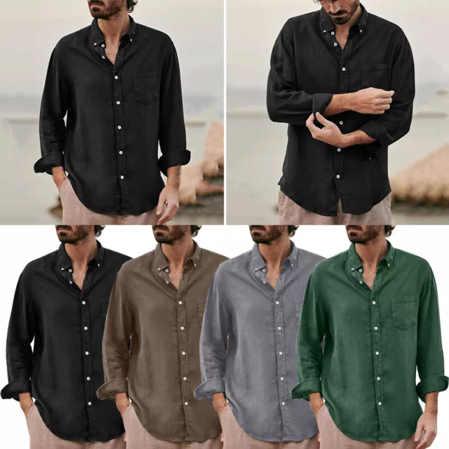 Mens Casual Cotton Linen Shirt Long Sleeve Loose Blouse Button Down Shirts Tops*