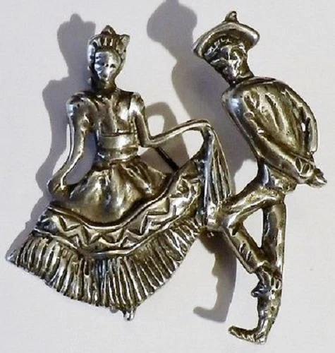 Broche Rétro Argent 925/1000 Poinçonnée Scène De Dance Relief Mexique - Vintage