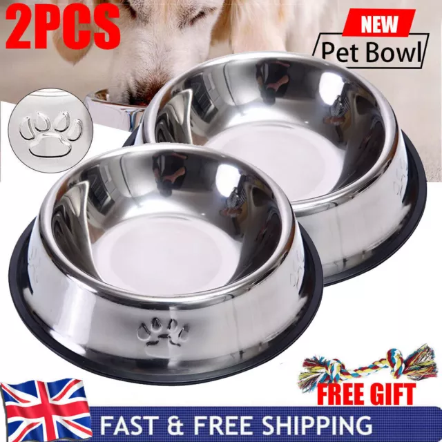 2x Large Dog Bowls Non Slip Pet Cat Puppy Stainless Steel Water Food Dish Bowl