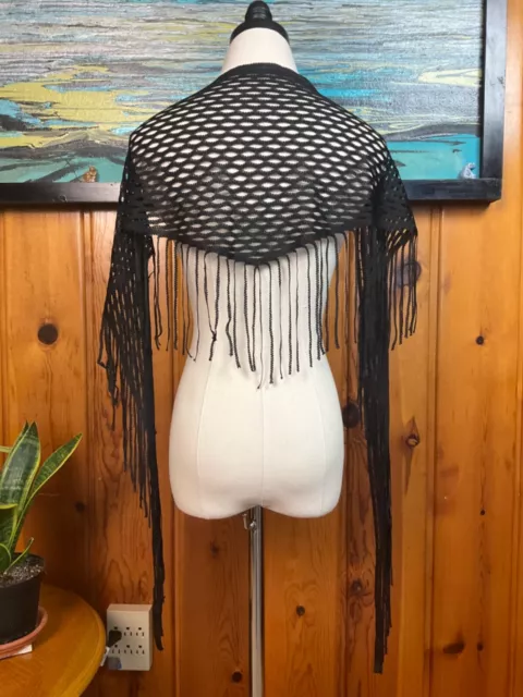 Vintage Black Fringe Lace Shawl Geometric Wrap Cover Evening Formal Scarf Stole