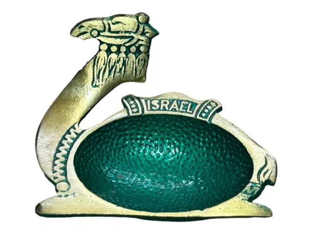 Vintage Israel Hakuli Camel Brass & Green Enamel Ashtray MCM