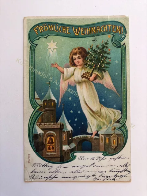 Ak Fröhliche Weihnachten 1901 gelaufen Litho Engel Christbaum Jugendstil