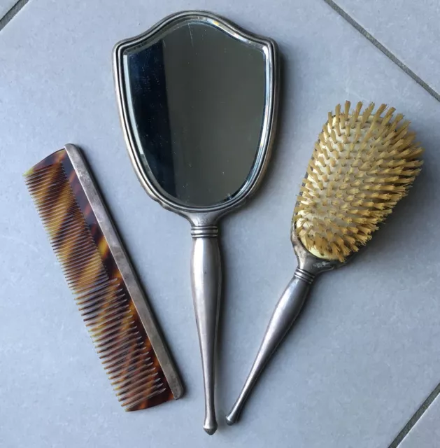 Set de coiffure 3 pièces argent ancien Birks Sterling - miroir, brosse et peigne