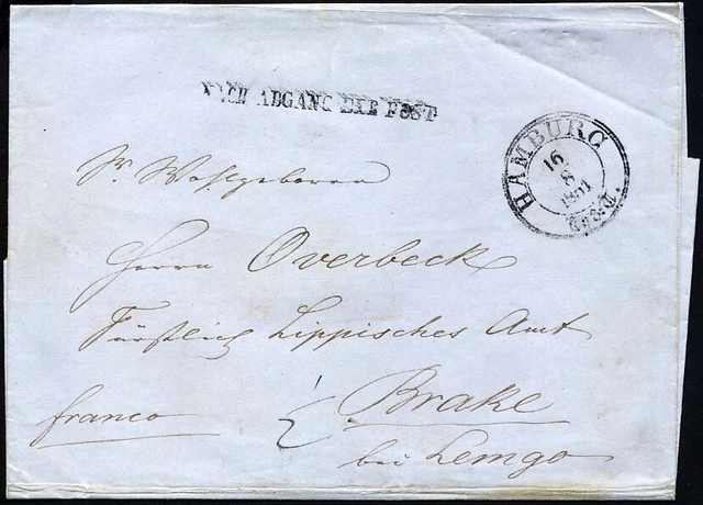 HAMBURG-THURN UND TAXISCHES O.P.A. 1851, HAMBURG Th.& T., K3 auf Brief L1 NACH A