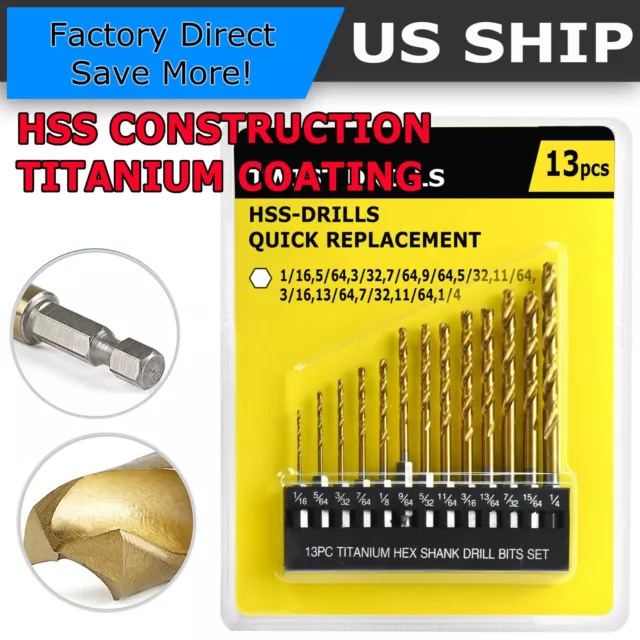 13Pcs Hex Shank Drill Bit 1/16"-1/4" Metal Titanium Drill Bit Combination Set