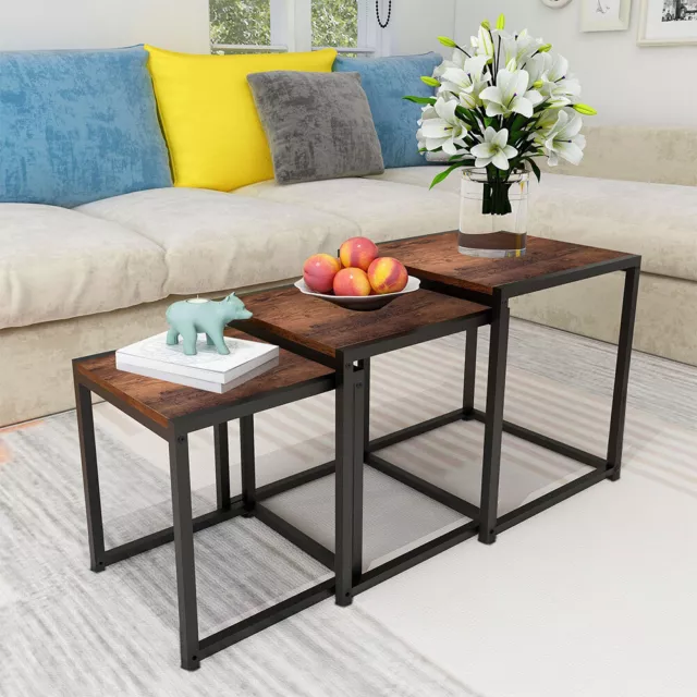Stacking Side Desk Set of 3 Nesting Coffee Tables Square Nest Table Metal Frame
