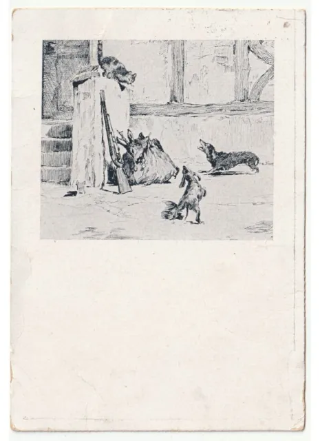 1933 cartolina d'epoca cortile gatto cani bassotto fucile cervo preda di caccia