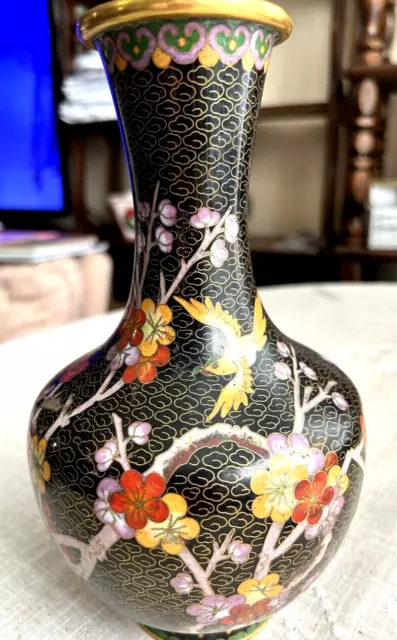 Cloisonne Vase-Bird /Floral Motif-9.5" Tall-Enamel & Bronze -Black/Gold -Genuine