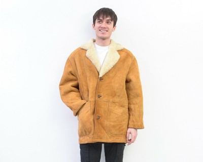 C & A C&a Vintage Hommes XL Veste Véritable Fourrure Peau de Mouton Cuir Sherpa Rétro 