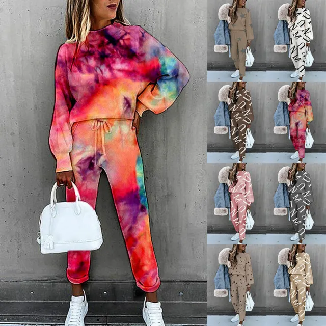 2PC Womens Letter Print Tracksuit Set Ladies Casual Baggy Long Sleeve Tops+Pants