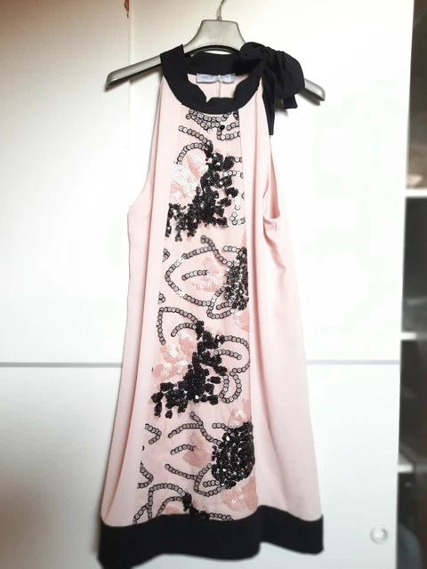 abito nuovo Rinascimento donna rosa/nero  con fiocco e ricami in paillettes.XS