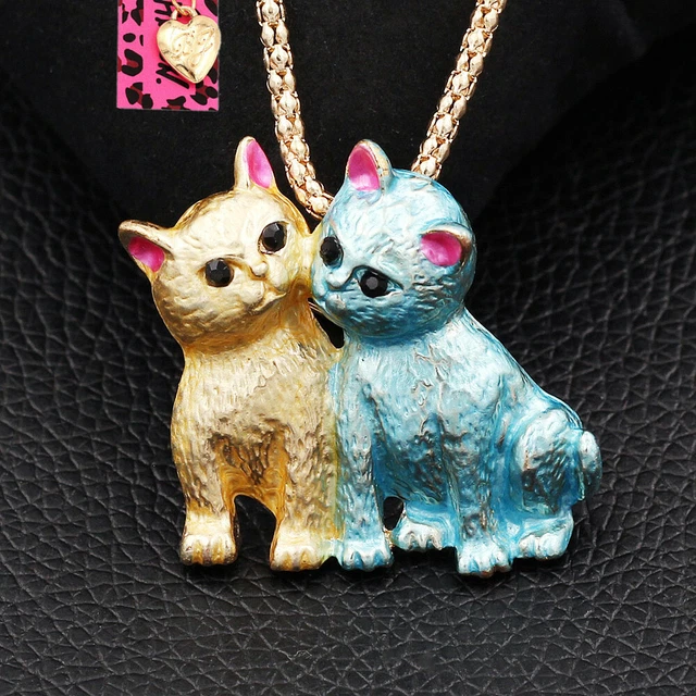 Betsey Johnson Enamel Cute Double Cat Kitten Pendant Chain Necklace/Brooch Pin