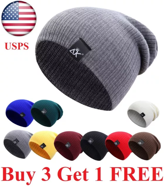 Thick Beanie warm Plain Knit Hat Baggy Cap Cuff Slouchy Skull Hats Ski Men Women