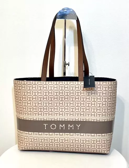 NEW TOMMY HILFIGER Large Tote Bag Brown/Tan Logo Travel Bag/Career/Purse $128.