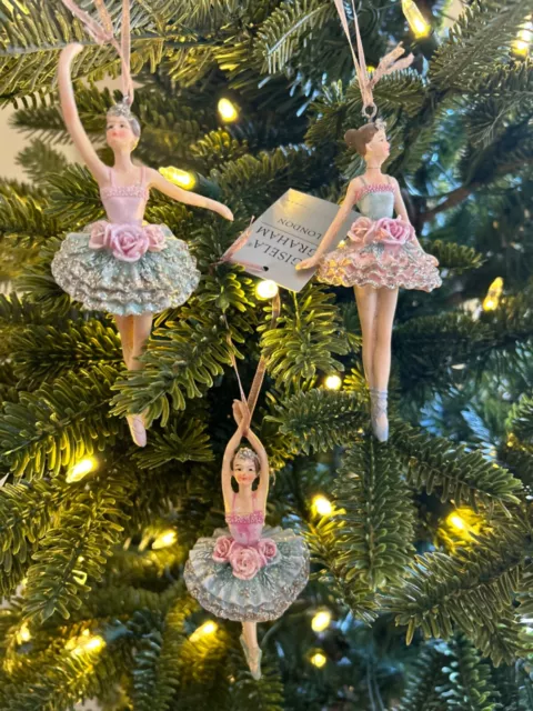 Gisela Graham Christmas Ballerina Pink Green Glitter Resin Tree Decoration
