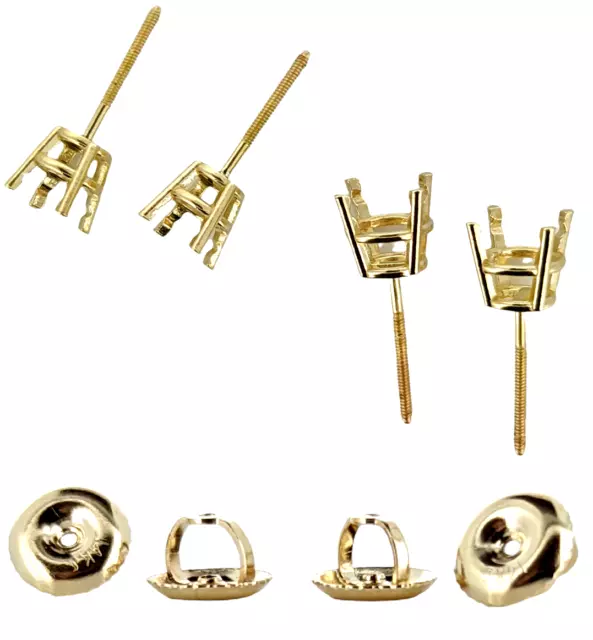 18K Yellow Gold Round Pre-Notched Stud Earring Mount Setting Threaded - 1 Piece