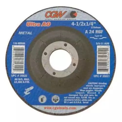 CGW Abrasives Depressed Center Wheel, 4 1/2 in Dia, 1/4 in Thick, 7/8 Arbor,