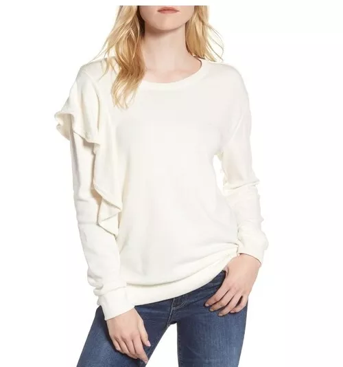 NWT Women's Splendid West Fourth Ruffle Sweatshirt Ivory Sweater Size L $98 G009