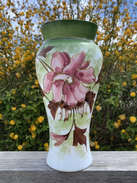 Pretty Antique Victorian Milk Olaline Glass Vase Large 27cm Tall Hand Painted