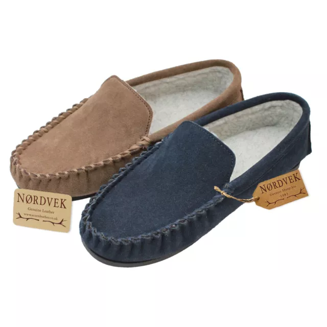 Nordvek Mens Genuine Suede Moccasin Slippers Berber Fleece Lined Hard Sole