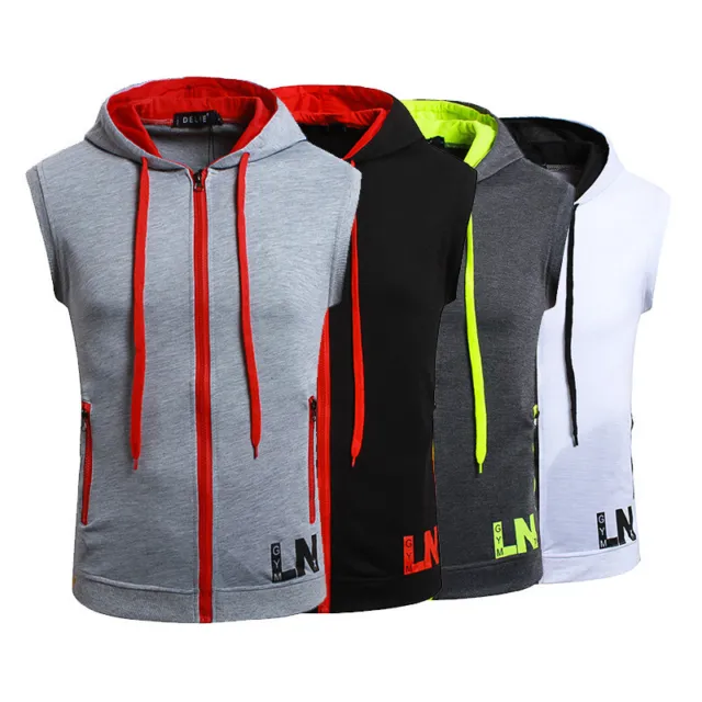 Hoodie Tops Sport Workout Gym Fitness Hooded Zipper Vest Tank UK Mens Sleeveless