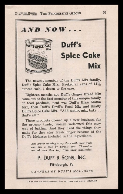 1933 Duff's Spice Cake Mix Can P. Duff & Sons Inc Pittsburgh PA Vintage Print Ad