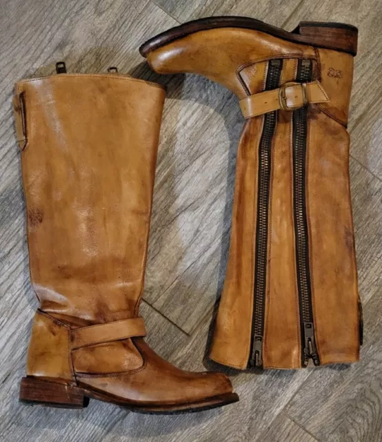 Bed Stu Hustle Teak Rowan Tall Boots Leather Double Zip Handcrafted Brown Size 7