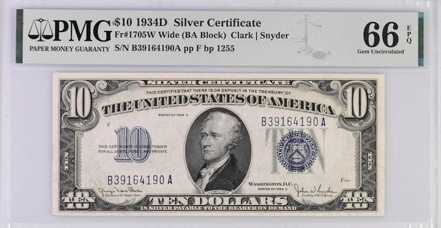 Series 1934D $10 Silver Certificate PMG 66EPQ Gem Uncirculated Fr. 1705W Wide