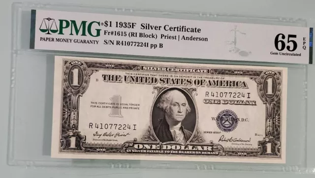 $1 1935F Silver Certificate " Blue Seal " PMG 65 GEM  Exc. Paper Quality