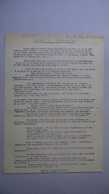 WW2 Tract Résistance Debout Gavroches.... Constituez des Comités de jeunes. 1942