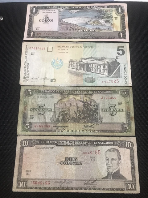 4 Salvadoran banknotes 1colon1982-2de5colones1998-1990-10cones1996