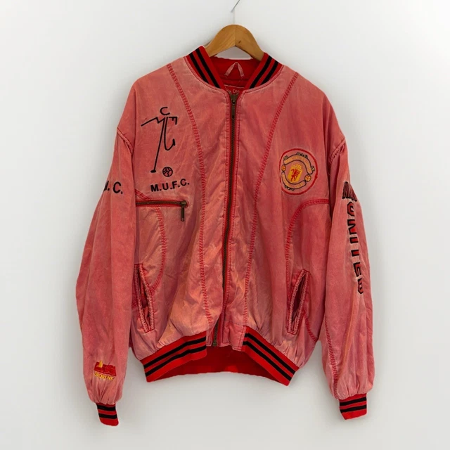 Blouson Bomber En Cuir Vintage Manchester United Années 90 - Taille XL - Très Rare Et Officiel