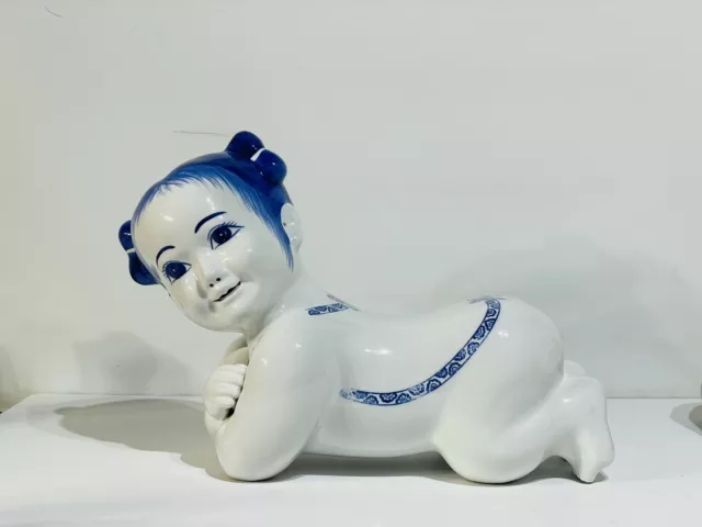 Vintage Blue And White Girl Chinese  Porcelain Opium Pillow 15”x7.5x10 Dimples