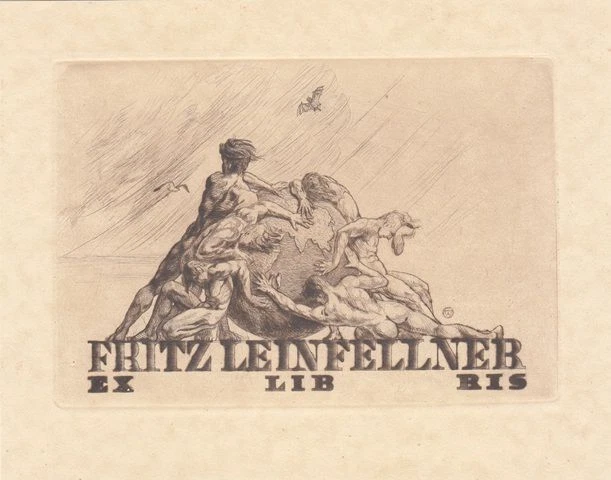 Exlibris Bookplate Gravure sur Cuivre Georg Wimmer 1892-1975 Globe Nus