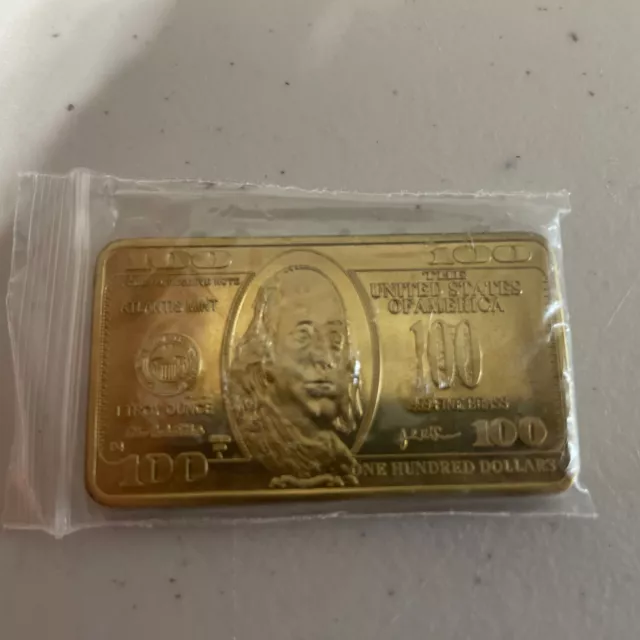 1 Troy Ounce Oz Brass $100 Bill Bullion Bar Free Shipping Rare Design