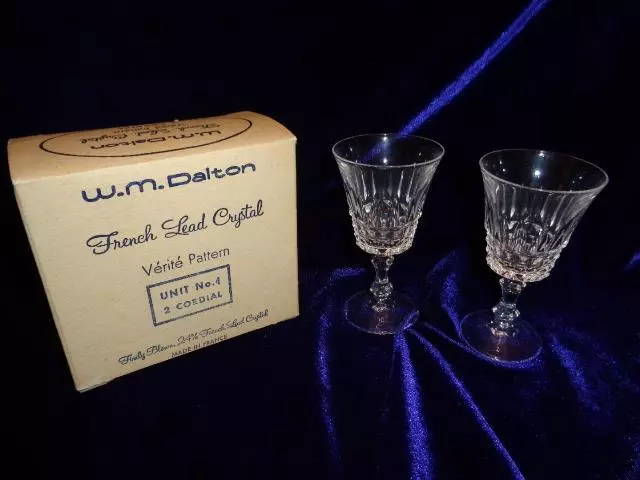 Vtg NEW Set of 2 Cordial Glass W M Dalton French Lead Crystal Verite Pattern NIB