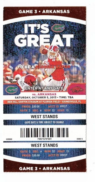 2013 Florida Gators Vs Arkansas Razorbacks College Football Ticket Stub 10/5/13