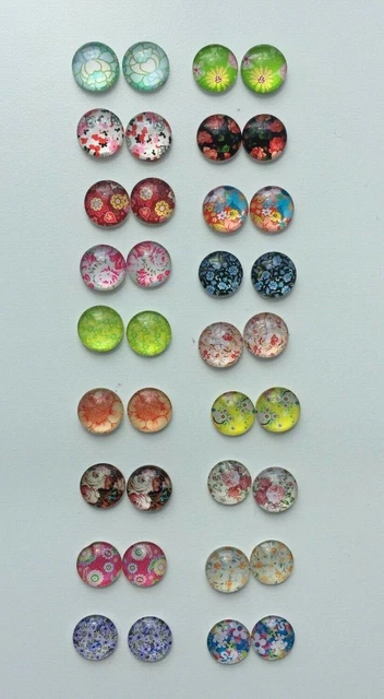 10 x CABOCHONS GEMISCHTE BLUMENDRUCK GLAS FLACHE RÜCKSEITE RUND paarweise verkauft 12 mm 2