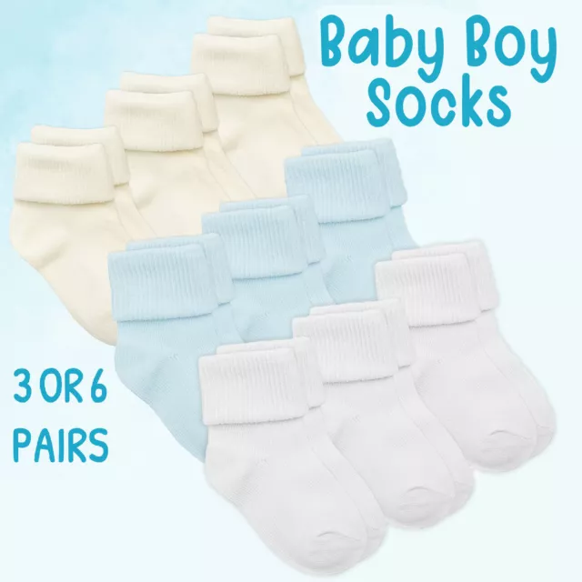 ** Newborn Baby Boys Turn Over Top Socks 3 6 Pairs Plain Cotton Rich Blue Cream