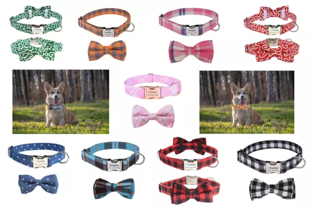 Personalised dog collar bow tie engraved custom ID Tag Name / Number plaid